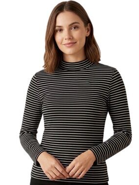 XL gaze Women’s Black and White Striped Mock Neck Long Sleeve Bodycon Top Shirt